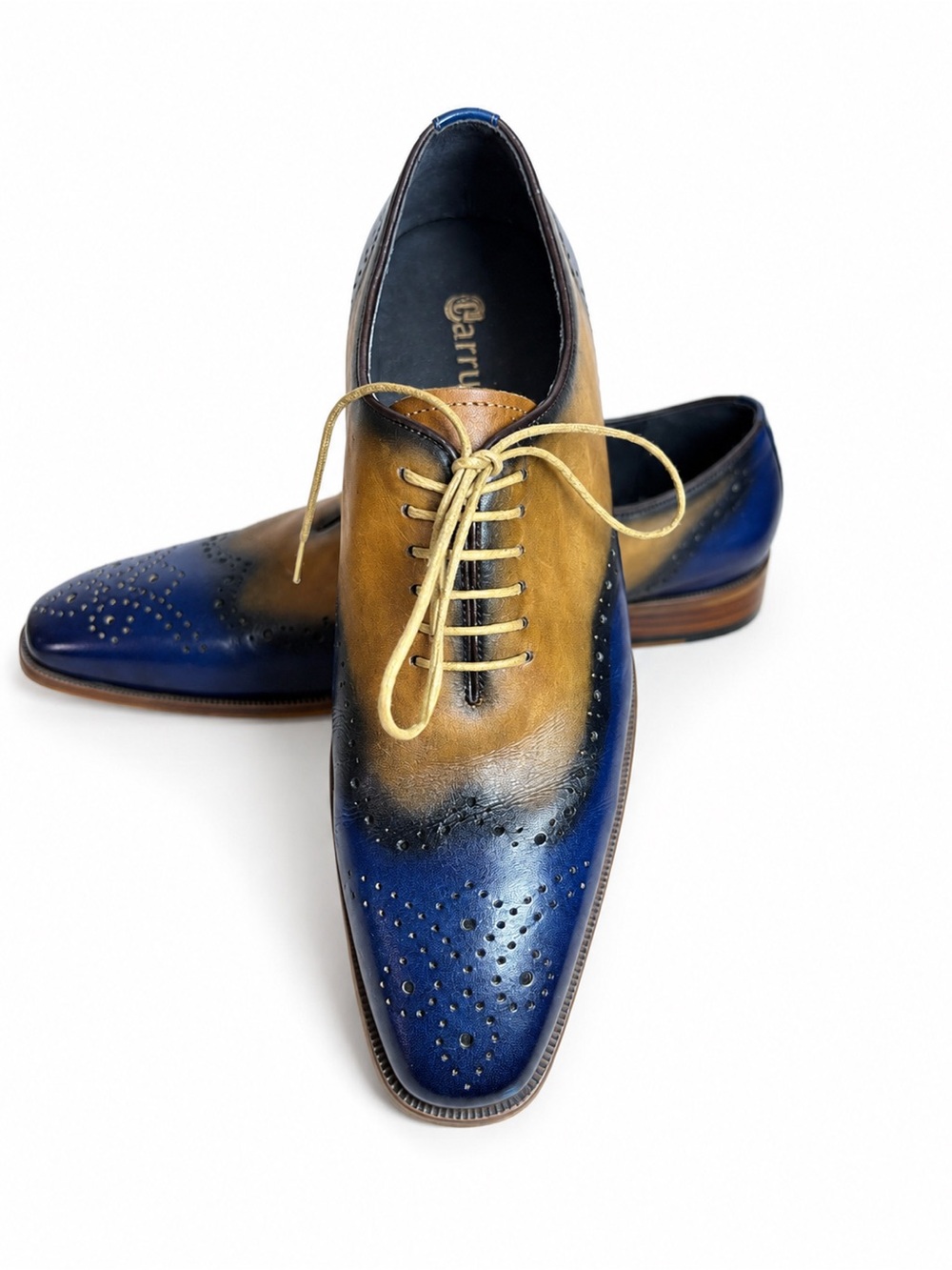 Carrucci Men’s Two-Tone Blue & Cognac Leather Wingtip Oxford Dress Shoes